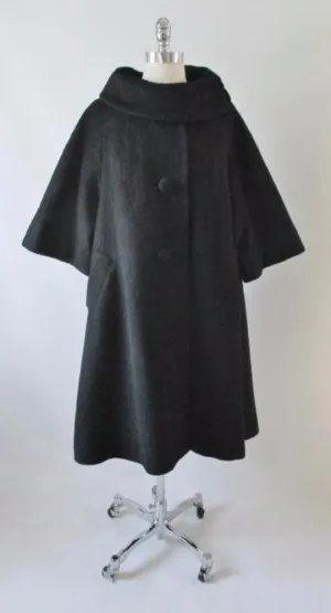  Vintage 50's Lilli Ann Black Mohair Swing Trapeze Coat Jacket L XL
