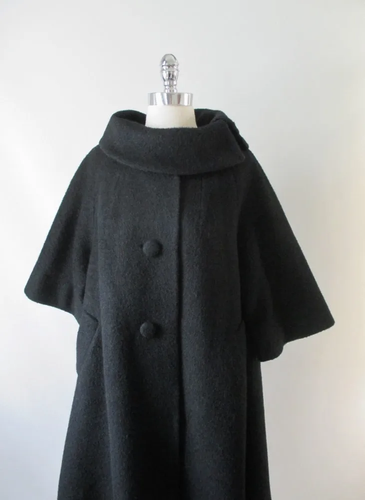  Vintage 50's Lilli Ann Black Mohair Swing Trapeze Coat Jacket L XL