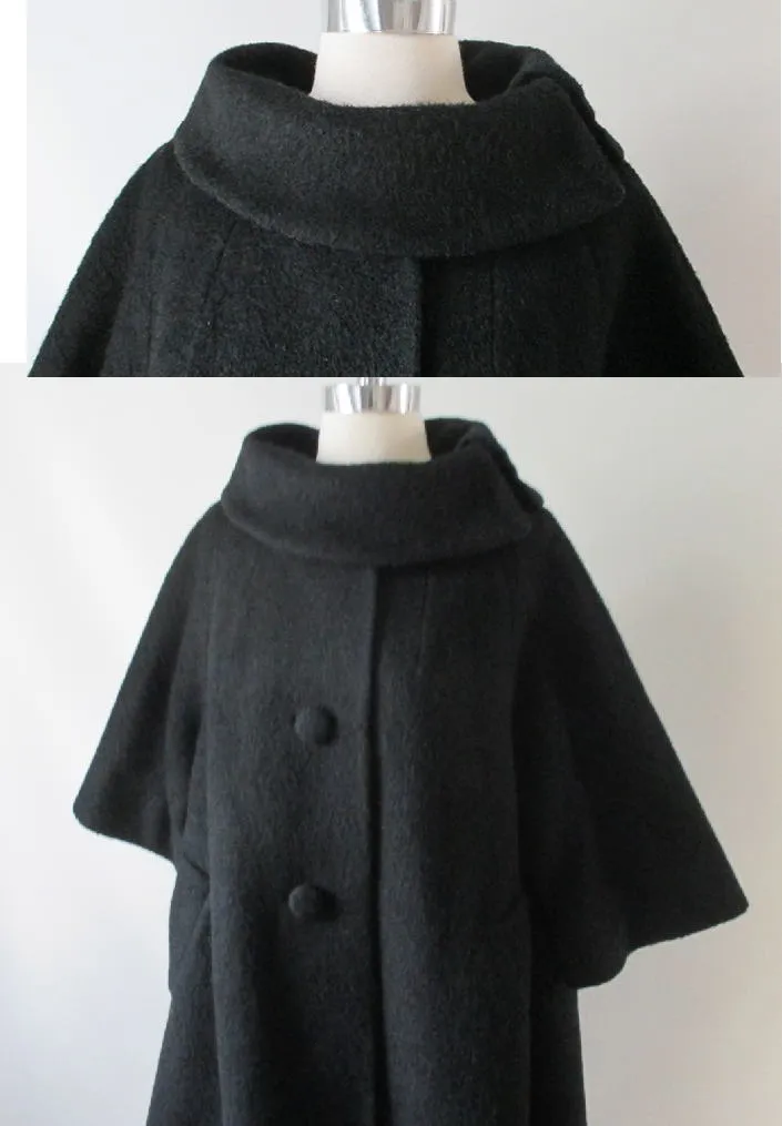  Vintage 50's Lilli Ann Black Mohair Swing Trapeze Coat Jacket L XL
