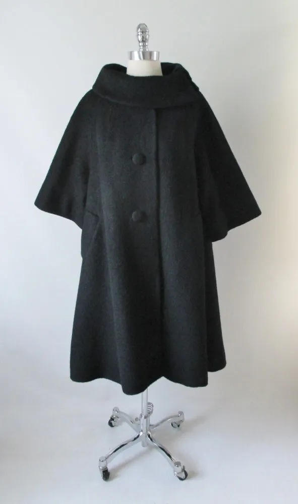  Vintage 50's Lilli Ann Black Mohair Swing Trapeze Coat Jacket L XL