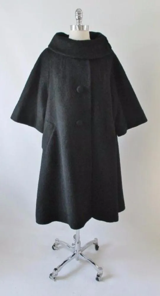 Vintage 50's Lilli Ann Black Mohair Swing Trapeze Coat Jacket L XL