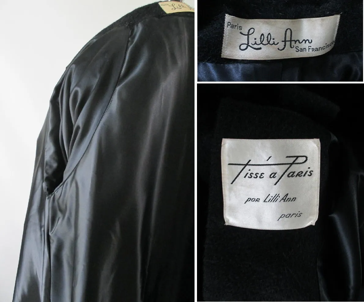  Vintage 50's Lilli Ann Black Mohair Swing Trapeze Coat Jacket L XL
