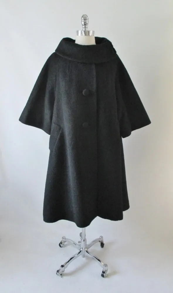  Vintage 50's Lilli Ann Black Mohair Swing Trapeze Coat Jacket L XL