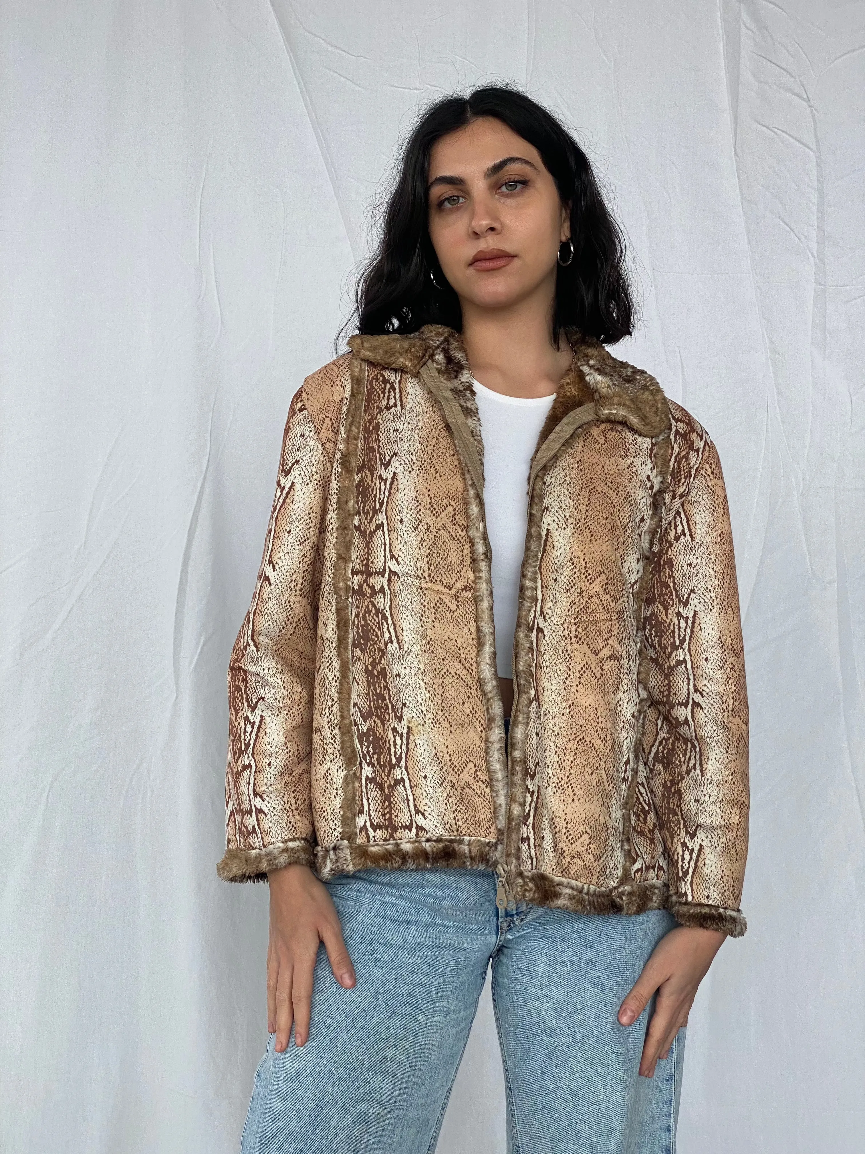 Vintage Animal Print Jacket With Faux Fur