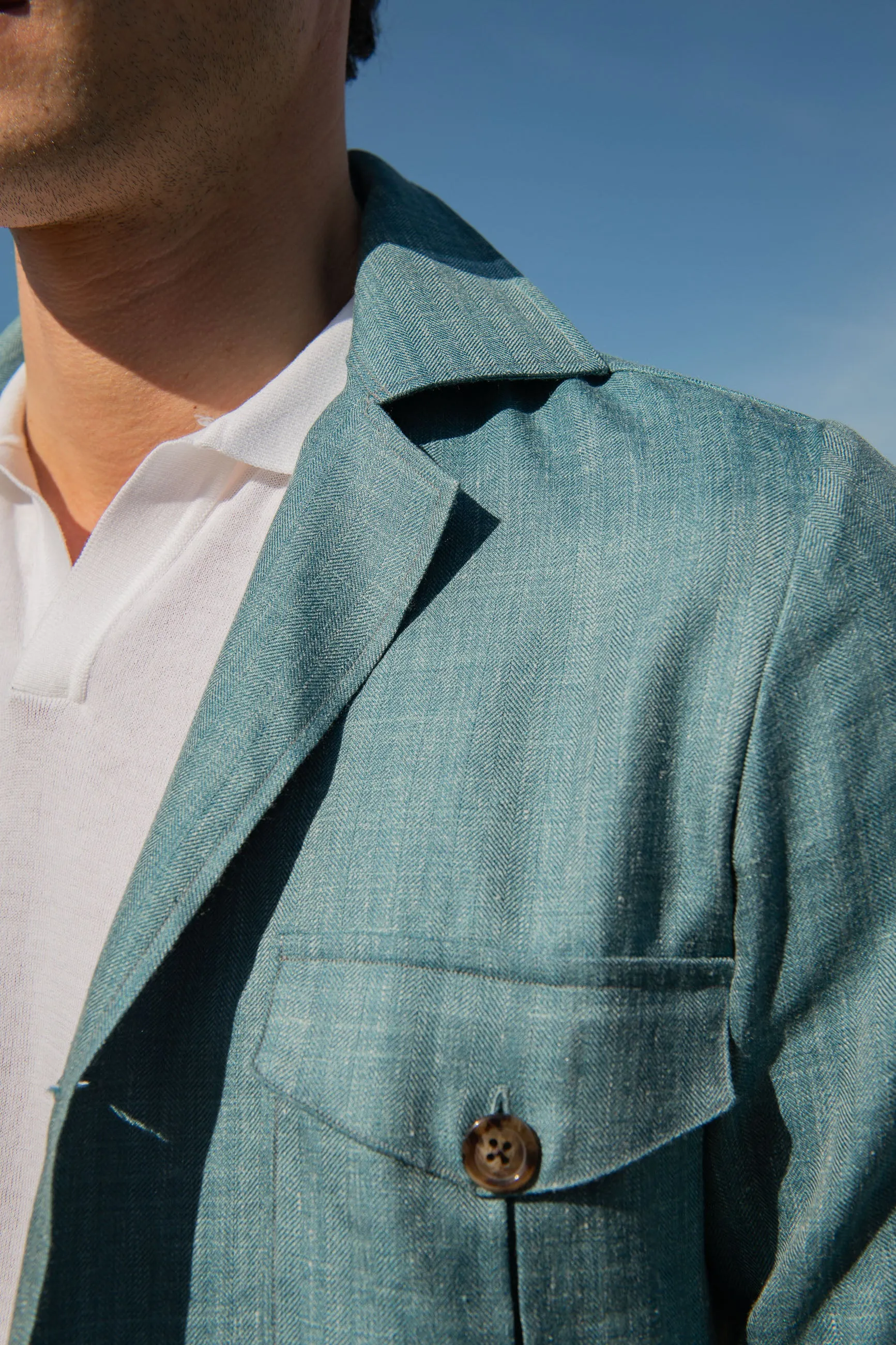 Water green Safari Jacket in wool silk and linen – Made in Italy