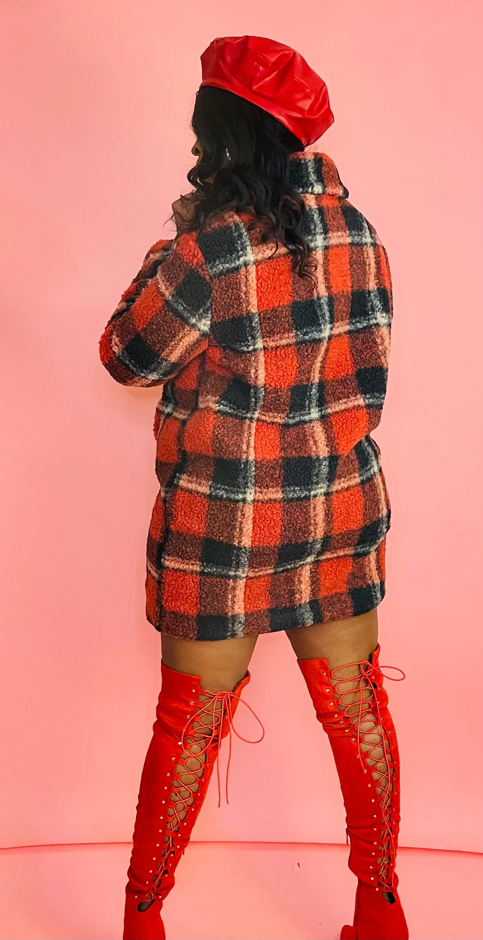 Winter in Paris Red Plush Teddy Flannel Plaid Pea Coat