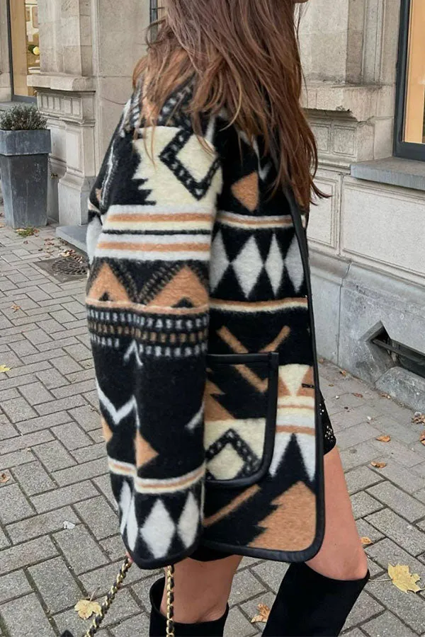 xiangtuibao Geometric Print On-trend Patch Pocket Button Coat