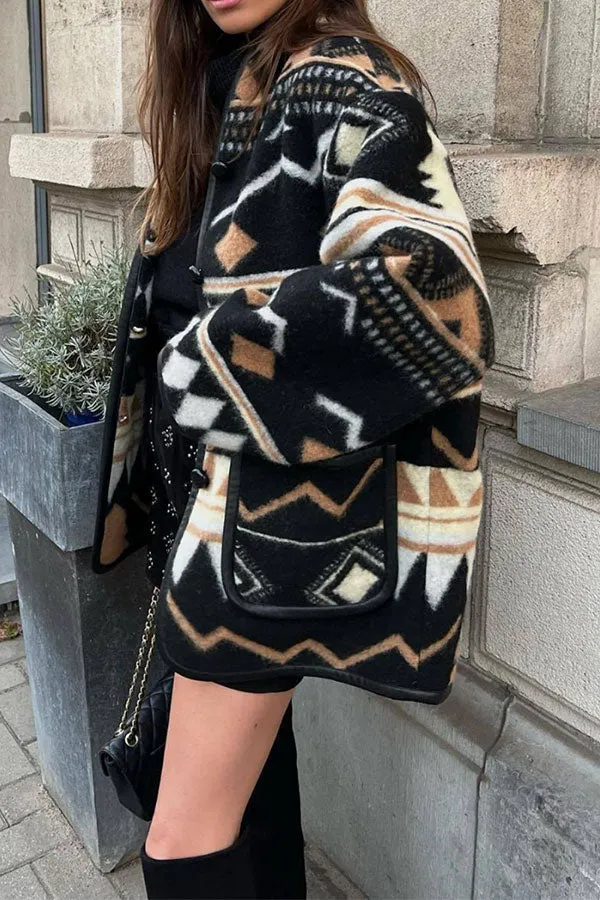 xiangtuibao Geometric Print On-trend Patch Pocket Button Coat